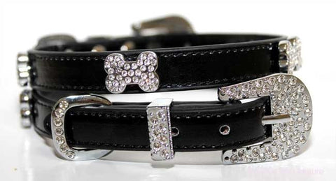 Black Dog Collar with Crystal Bones